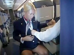 Busty blonde stewardess sucking her customer on plane