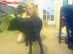 Blonde chick girl sucks and shows nice ass to seduce her dog porn