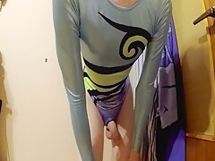 young boy in shiny leotard showing, masturb and cum on foot