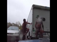 Guys Very Public Rainy Stroking in parking lot